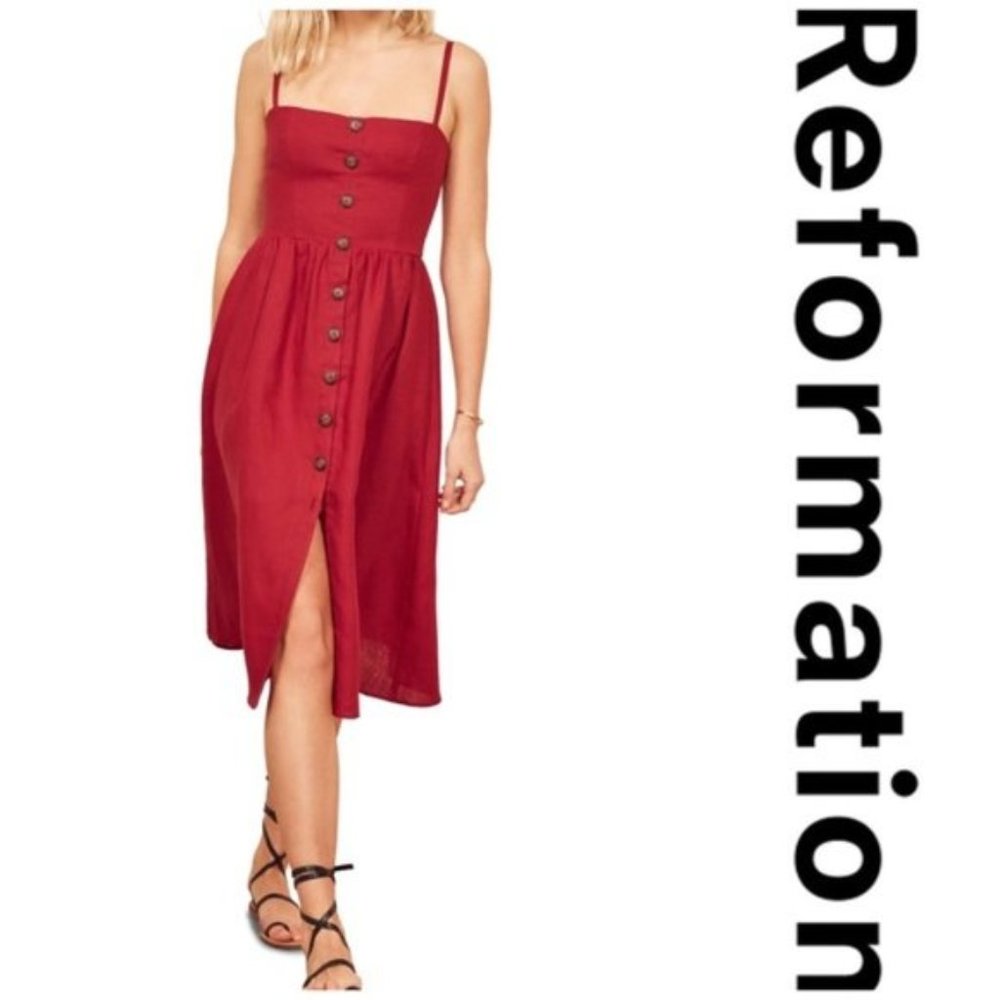 Reformation Tori Cherry Red Button Down Dress 